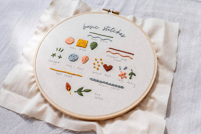 Embroidery hoop with basic stitches diagram on a light fabric background