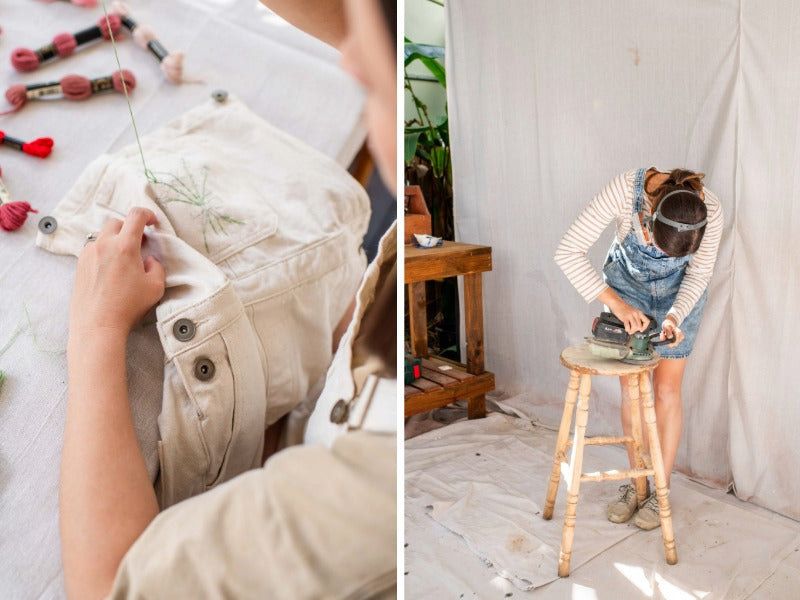 Two images: one of a person working on a garment and another of a child sanding a wooden stool.